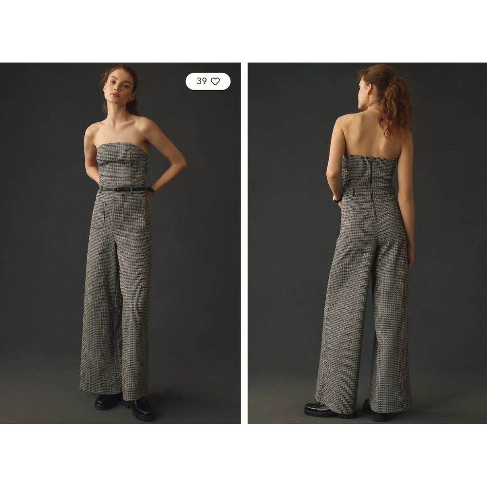 Maeve Anthropologie Houndstooth Strapless Wide Leg Jumpsuit 14 NWT Black White